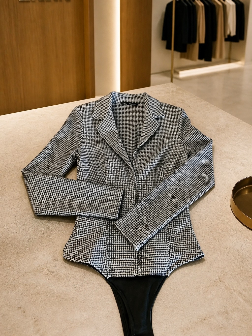 Zara Black & White Houndstooth Blazer Look Bodysuit